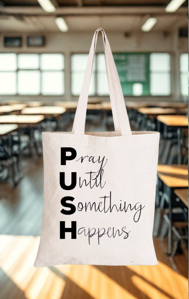 Eco‑friendly tote bag with vertical acronym design and bold black lettering