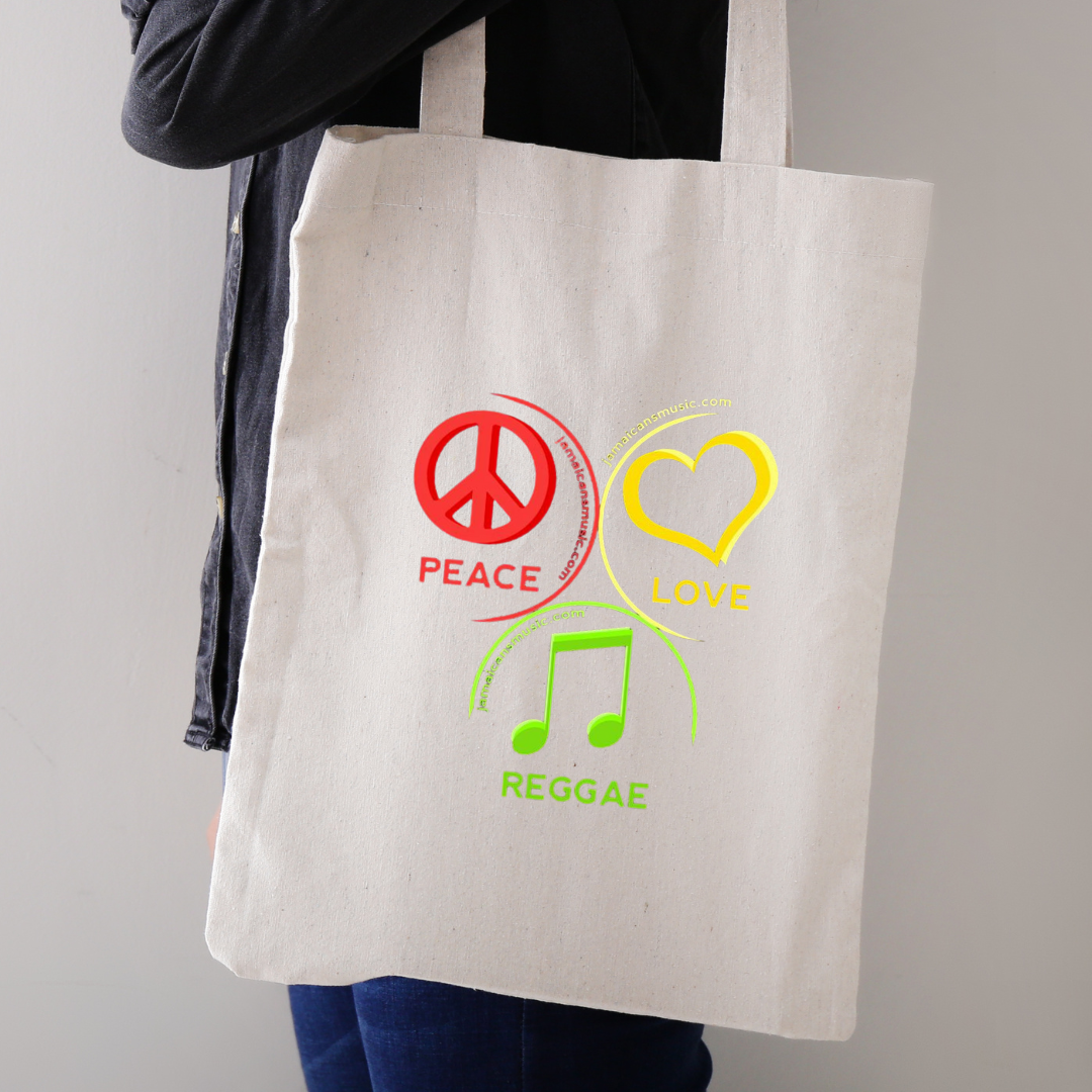 Cotton canvas tote bag with colorful peace symbol, heart outline and music‑note design