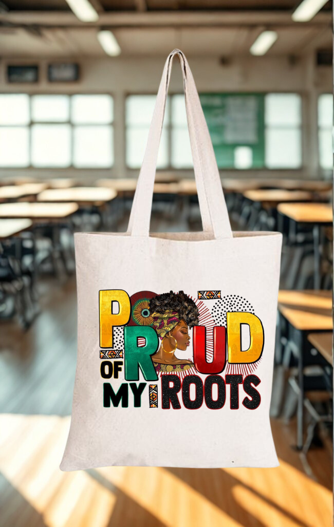 Canvas tote bag with colorful Afro‑inspired character and patterned design