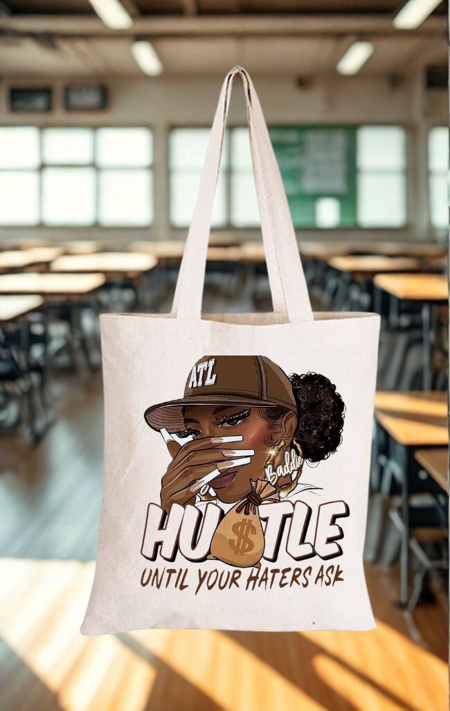 Cotton tote bag with bold urban-inspired character graphic design
