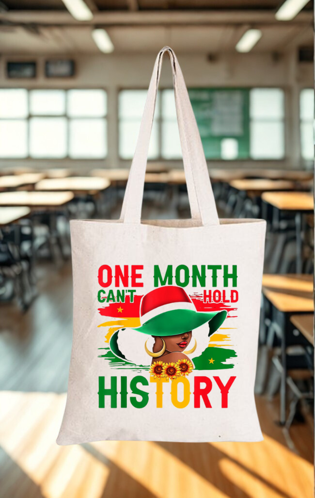 Canvas tote bag with colorful cultural stripes and portrait design