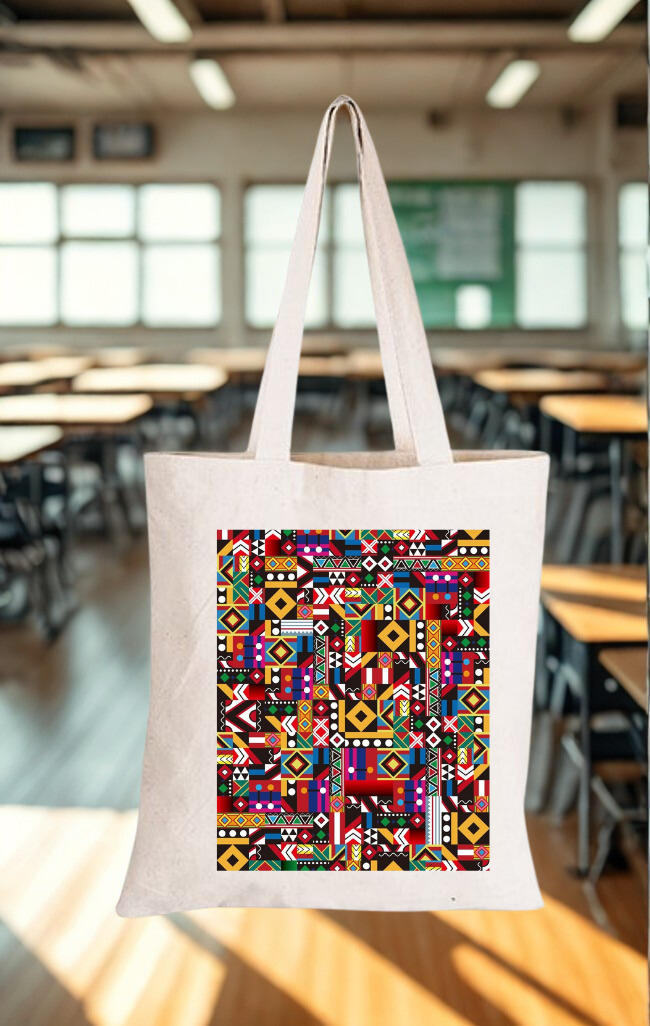 Cotton canvas tote bag with vibrant multicolor geometric printed pattern