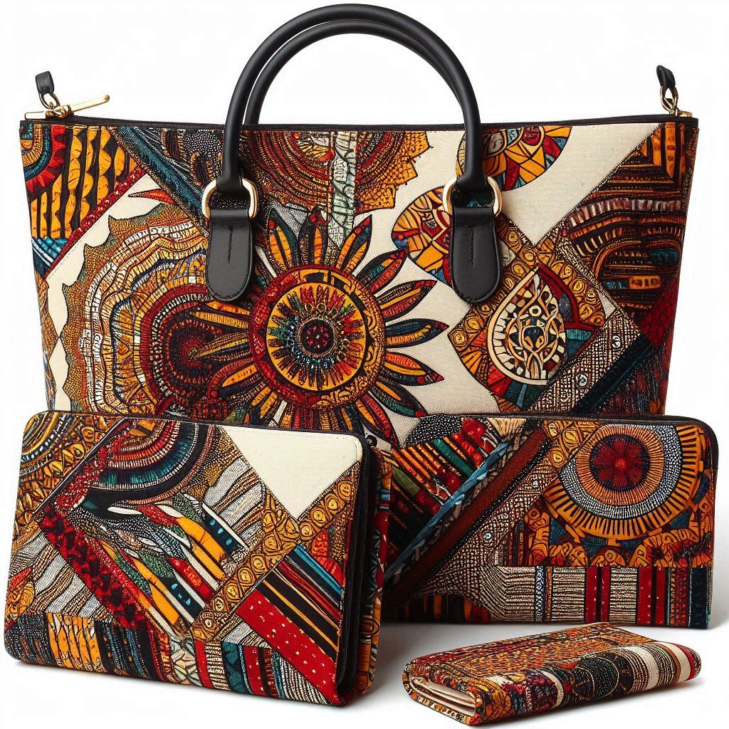Set of three patterned bags including a handbag, clutch, and wallet on a white background