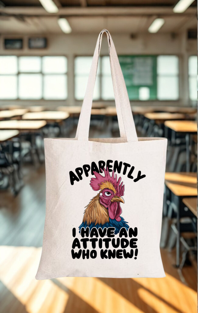 Tote bag with a rooster graphic and Black text