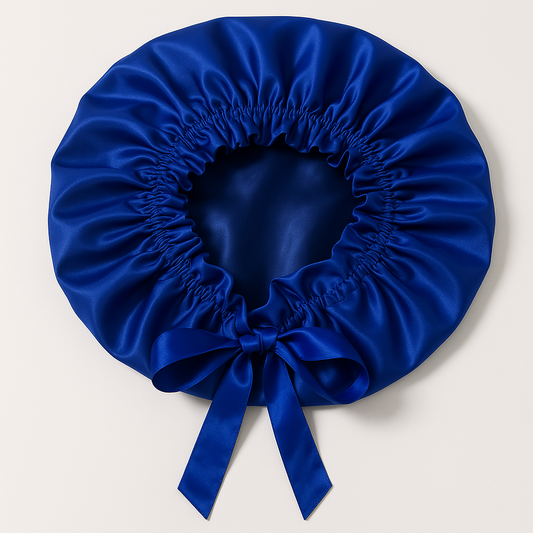 Royal Blue satin sleeping hair bonnet with ribbon