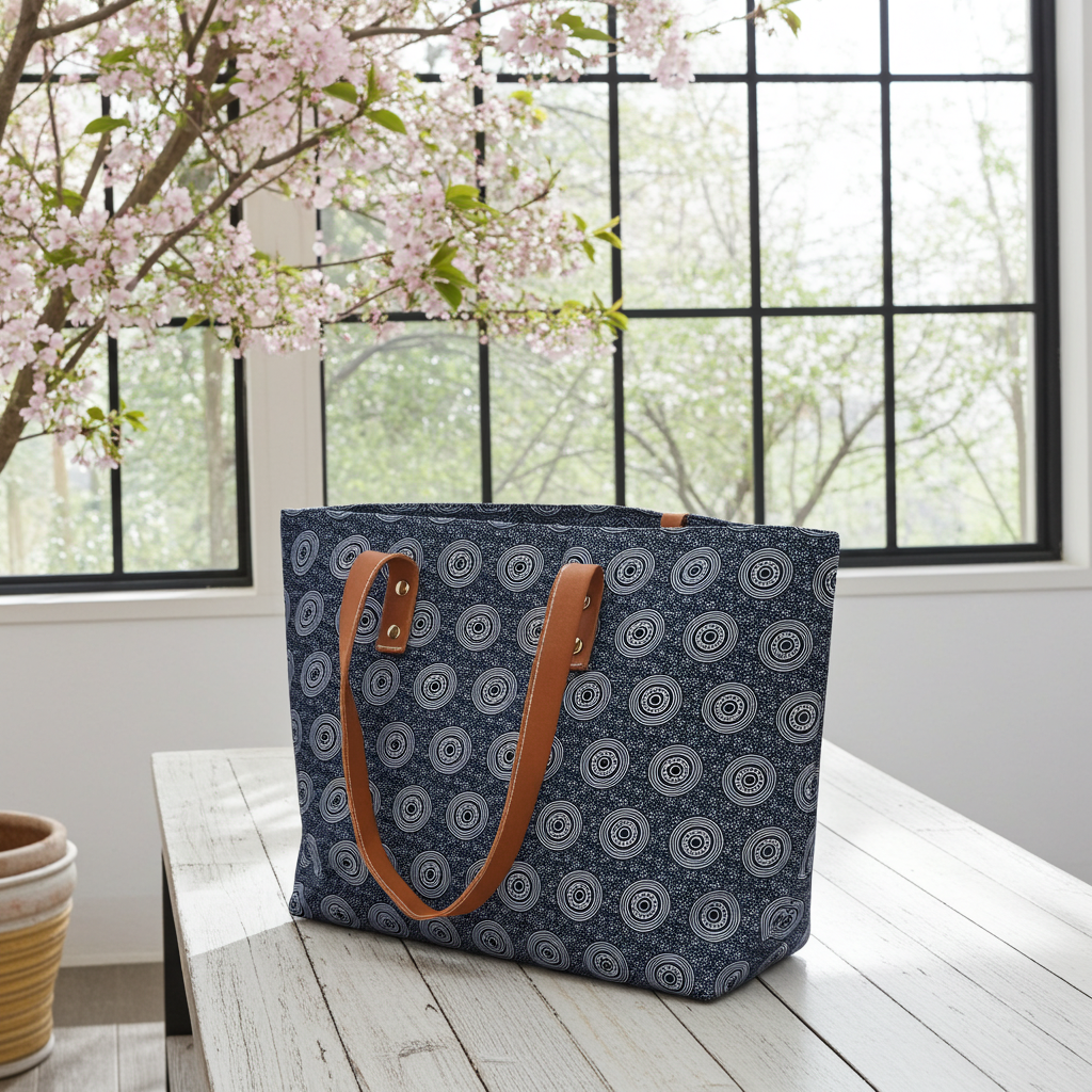 Blue patterned tote bag with brown handles on a wooden table with cherry blossom branches.
