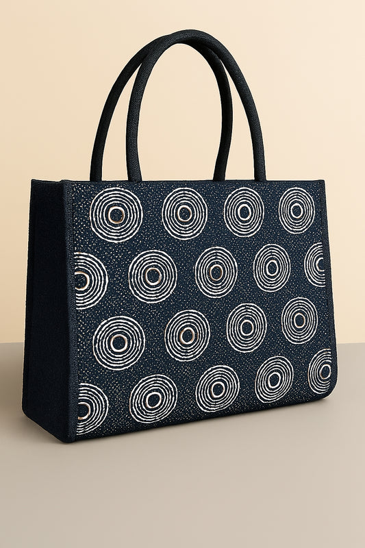 Navy tote bag with white circular pattern 