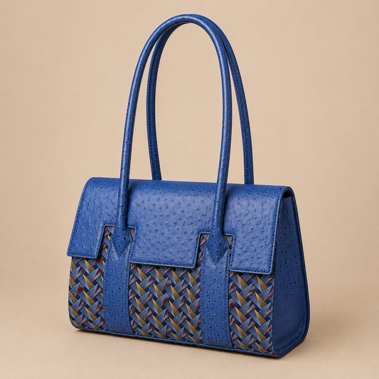 A structured blue handbag with textured faux ostrich leather on the flap and handles, and woven geometric pattern panels on the lower front, shown on a beige background.