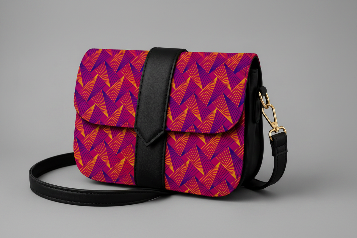 A structured shoulder bag with a vibrant geometric pattern in purple, orange, and red, accented by a black leather strap and a gold-tone clasp,