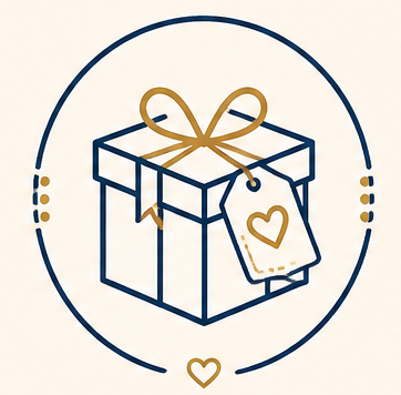 A minimalist line art icon of a gift box with a gold ribbon and price tag, enclosed in a circular frame on a light cream background.