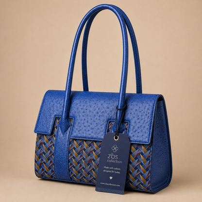 A blue textured leather handbag with dual top handles and a woven pattern panel on the front, featuring a hanging tag that reads 'zbs collection'. The bag is photographed on a solid beige background.