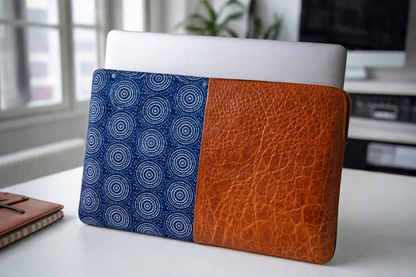 Two-tone leather case with blue circular pattern and brown leather on a white surface.