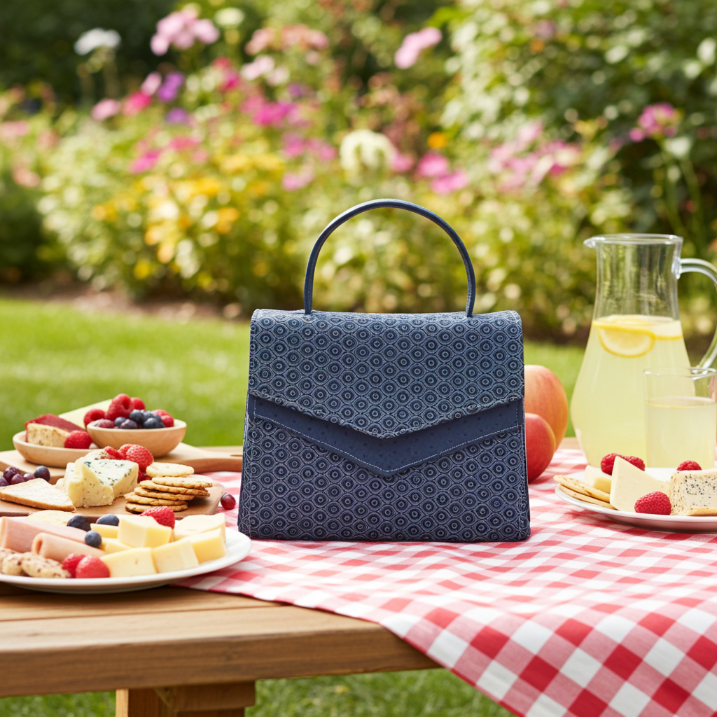 A navy blue patterned handbag with a top handle sits on a red-and-white checkered picnic tablecloth outdoors. Plates of cheese, crackers, fruit, and a glass pitcher of lemonade are arranged around it, with a blurred garden background.